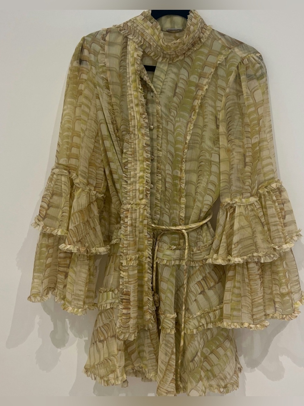 Alexis Gelsiny Sheer Ruffle-Tiered dress  in Cream and Tan